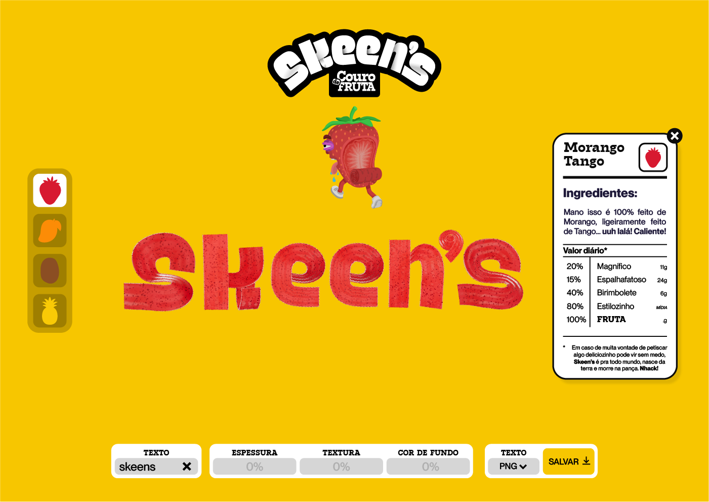 Prévia da ferramenta TipoGrafruta mostrando a palavra skeens personalizada em couro de fruta